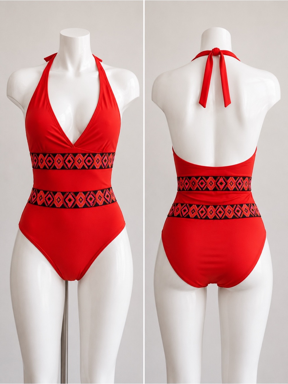Red Halter One-Piece Swimsuit with Geometric Waist Bands size Large